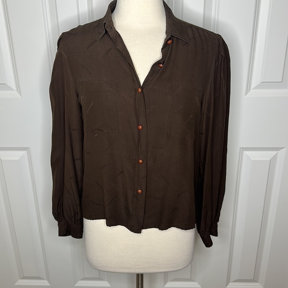 Vintage Valentino Silk Logo Embossed Bubble Sleeve Blouse Sz10 - Picture 12 of 12